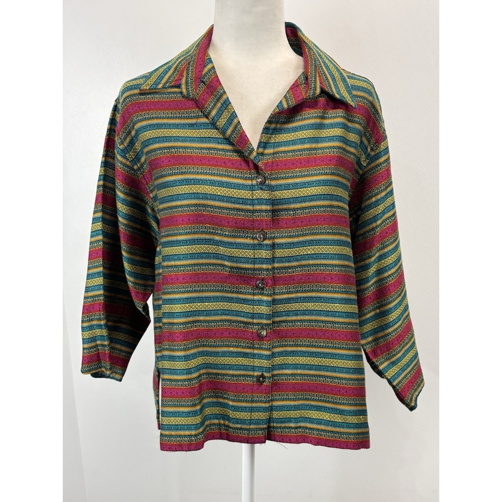 Vtg Chico's Design Striped Shirt Blouse Sz 2 US Large Women's Made In USA